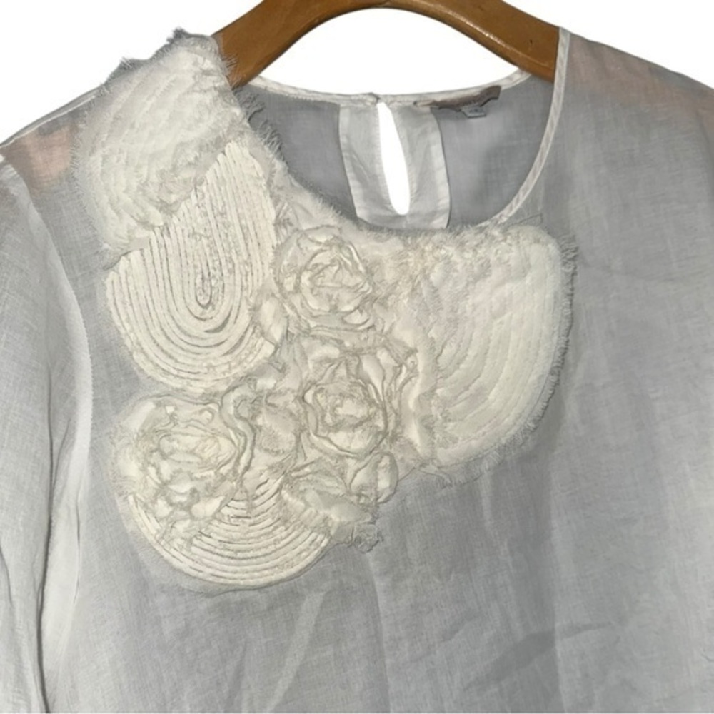 Mignon Doo Women’s Size XS White Cotton Voile Flower Front Long Sleeve Top Shirt